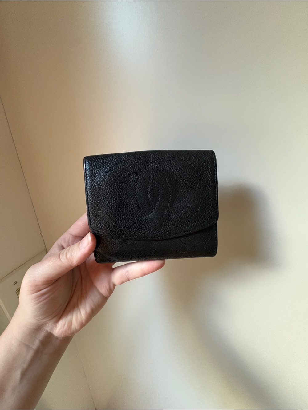 Authentic CHANEL Timeless Compact Wallet in black caviar leather